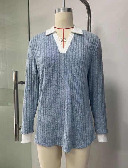 Colorblock Collared Long Sleeve Loose Tee