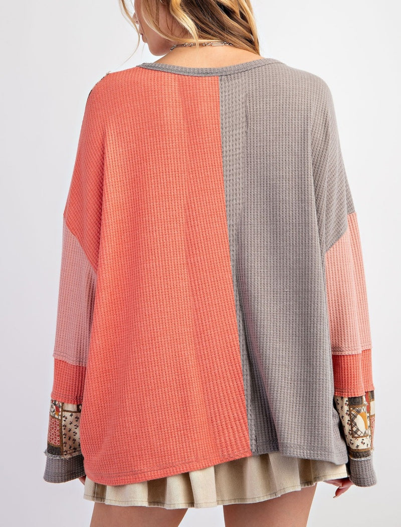 Patchwork Oversized Waffle Knit Top