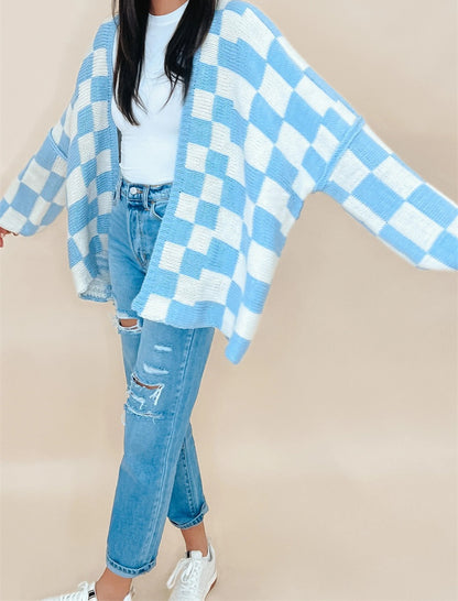 Checkered Open-Front Knit Cardigan