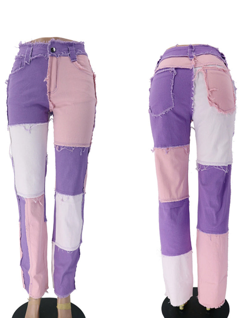 Patchwork Distressed Straight Jeans