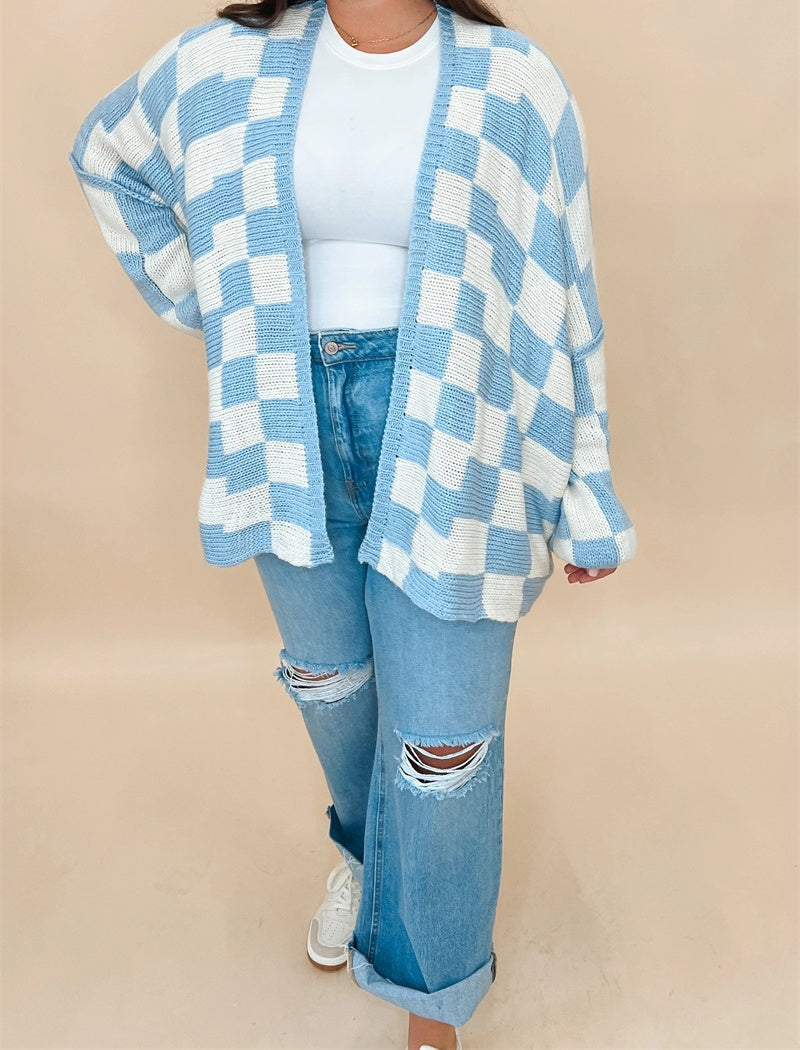 Checkered Open-Front Knit Cardigan