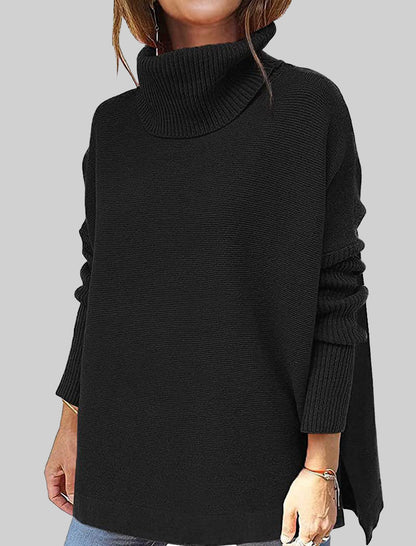 High Neck Batwing Sleeve Slit Hem Waist-Tie Sweater