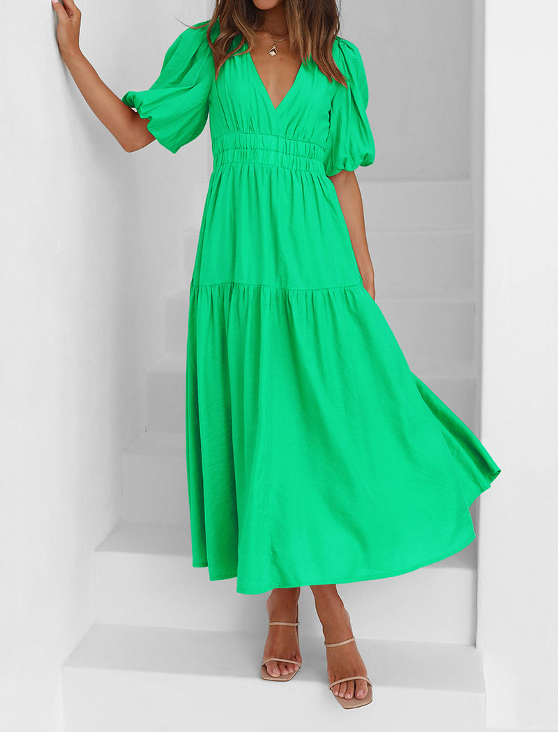 Puff Sleeve V-Neck Maxi Dress