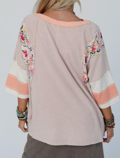 Striped Floral Panel Raglan Top