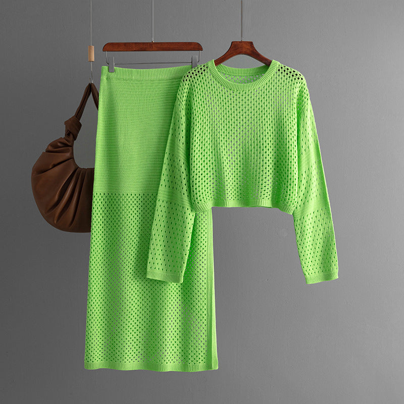 Hollow Knit Sweater and Long Skirt Set