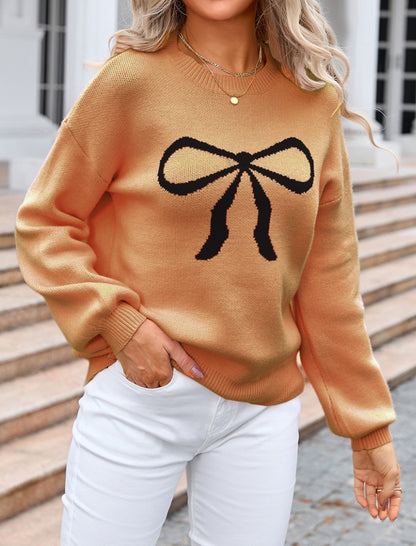 Crew Neck Sweater with Bow Graphic