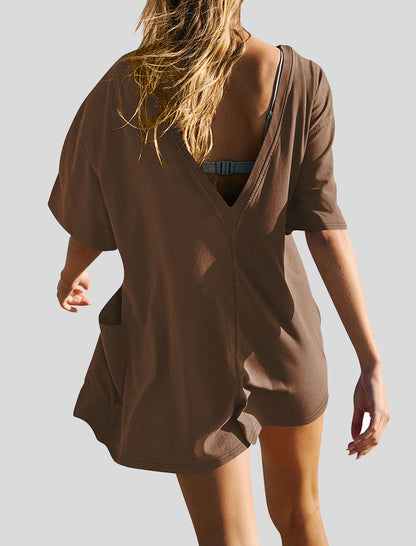 Short Sleeve Backless V-Neck Loose Romper