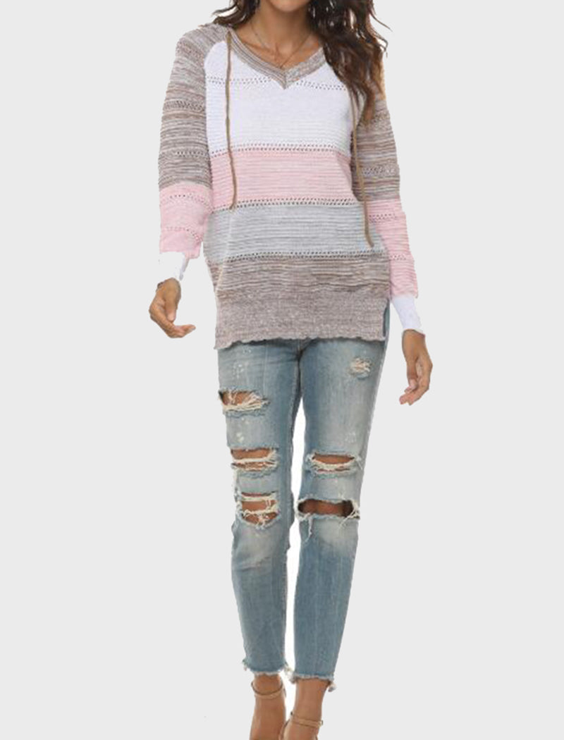 Striped V-Neck Knit Hooded Sweater