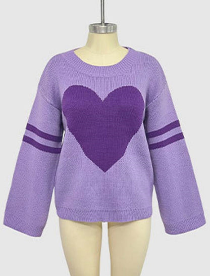 Heart Patterned Knit Sweater with Striped Sleeves