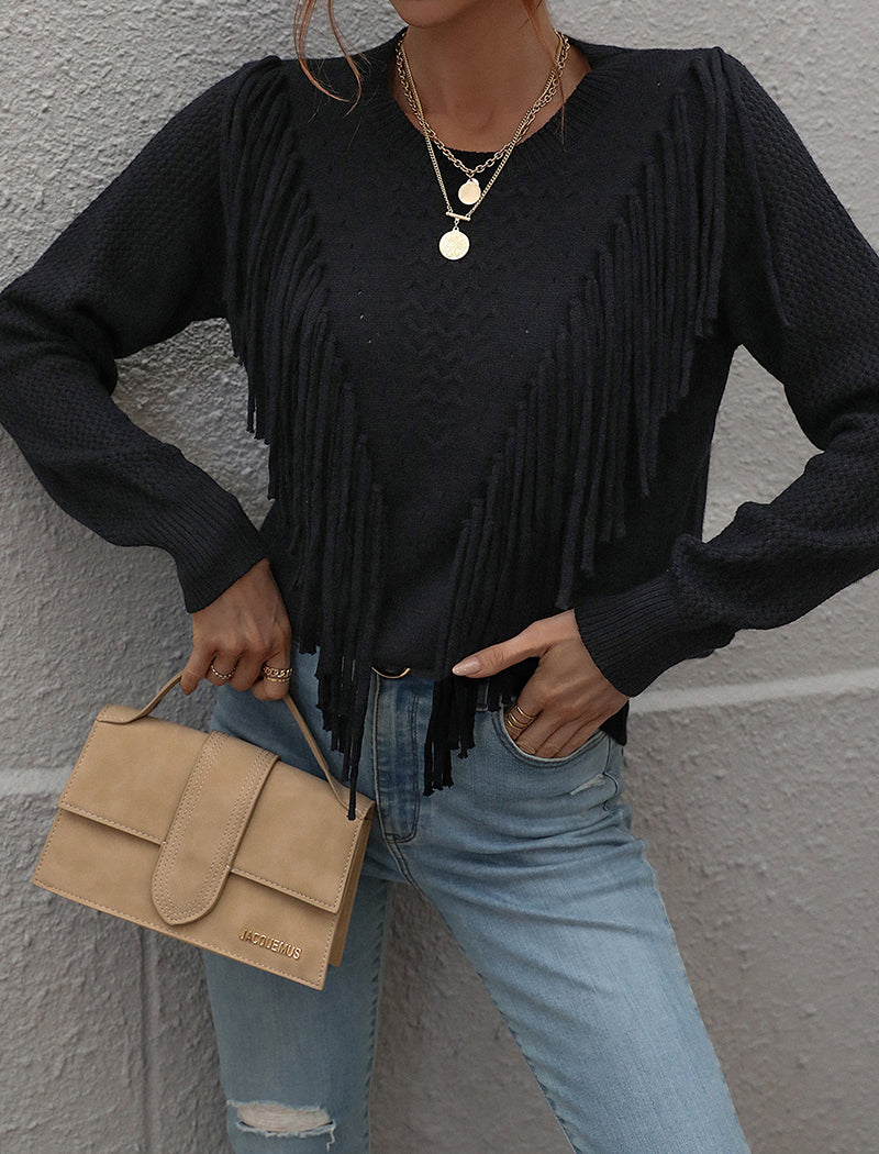 Fringe Detail Textured Knit Sweater