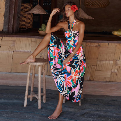 Halter Tropical Print A-Line Dress