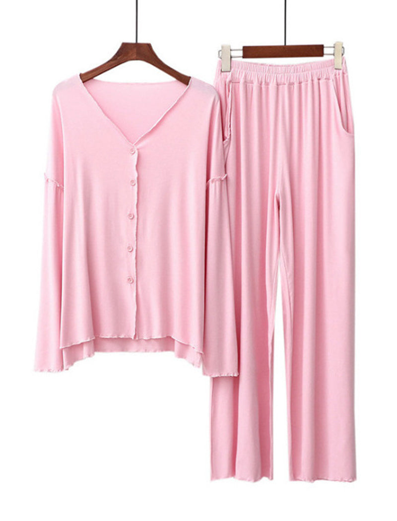 Long Sleeve Ruffle Trim Cardigan and Pants Loungewear Set