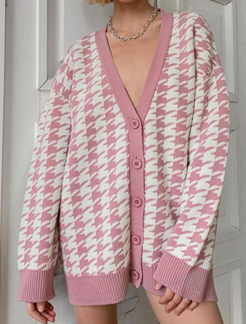 Oversized Houndstooth Button-Up Cardigan