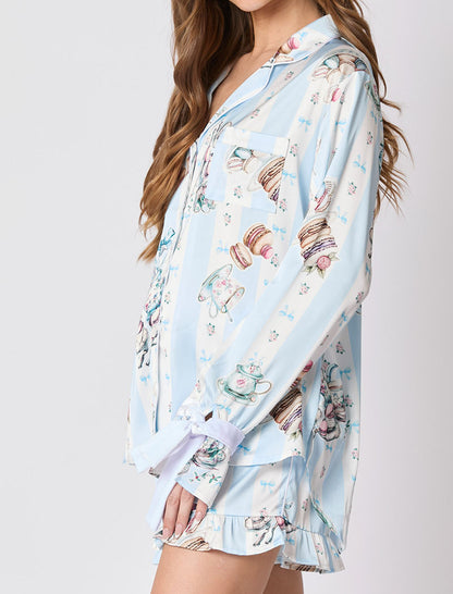 Long Sleeve Satin Top and Shorts Pajama Set