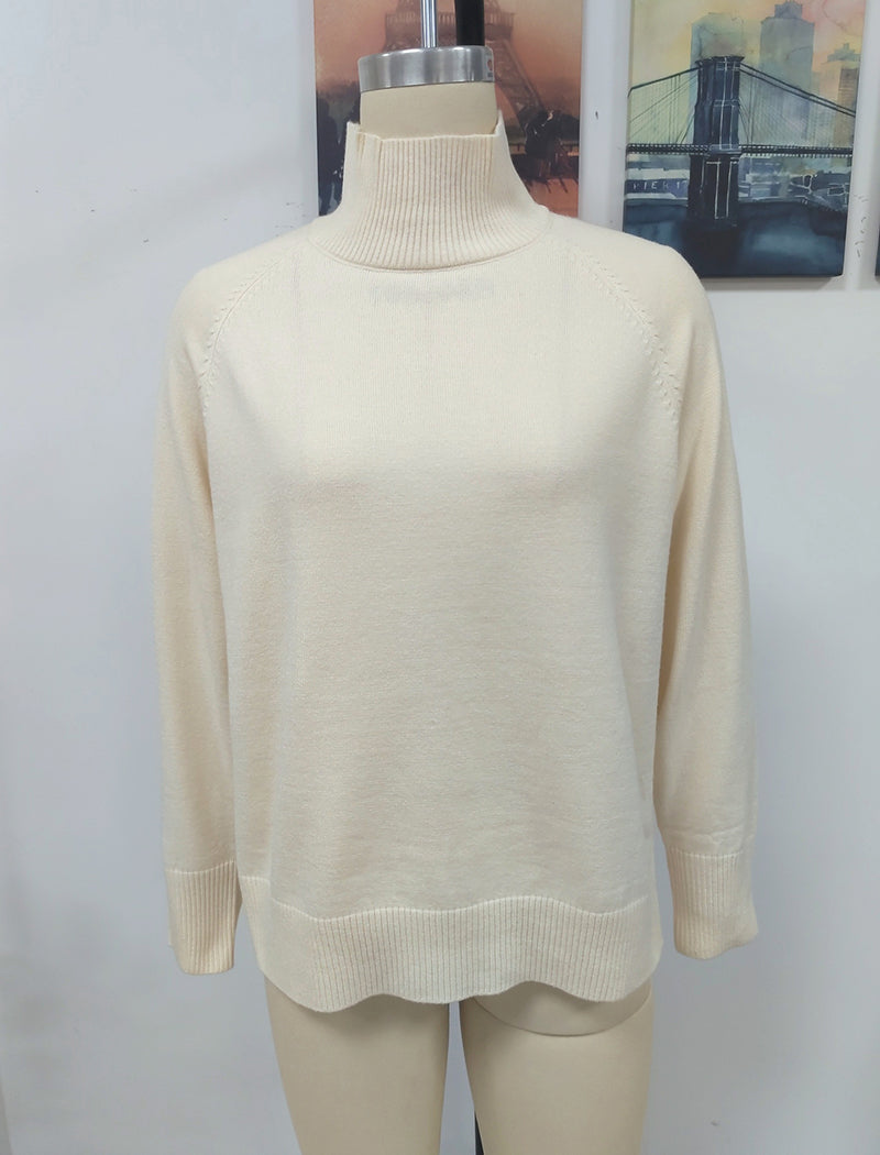 Solid High-Neck Knit Sweater with Side Slits