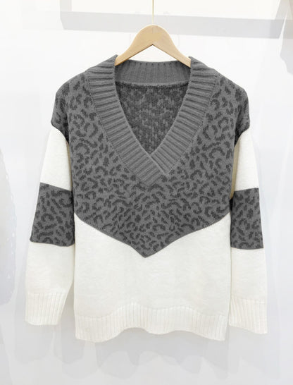 Leopard Print V-Neck Sweater with Colorblock Design