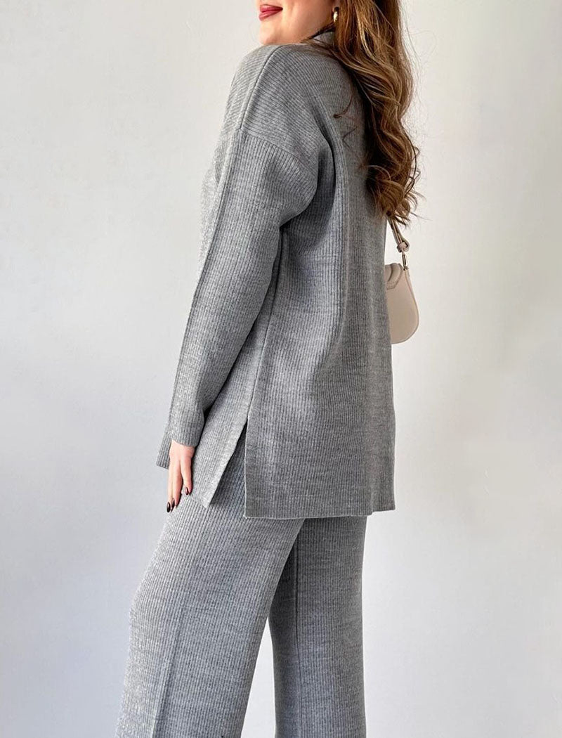 Ribbed Knit Lapel Sweater and Pants Set