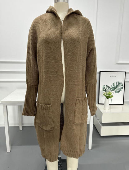 Solid Color Hooded Mid-Length Knit Cardigan