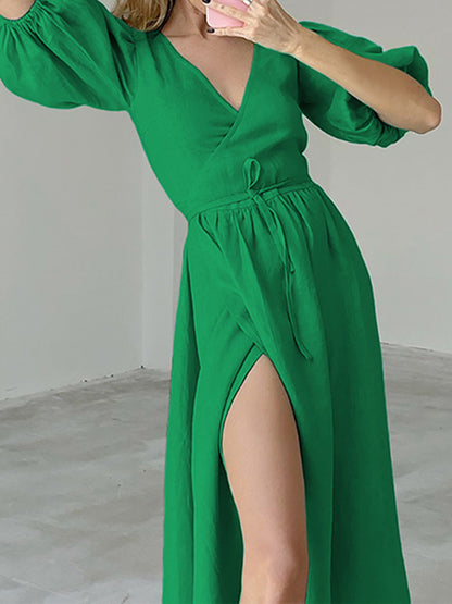 Puff Sleeve Wrap Maxi Dress