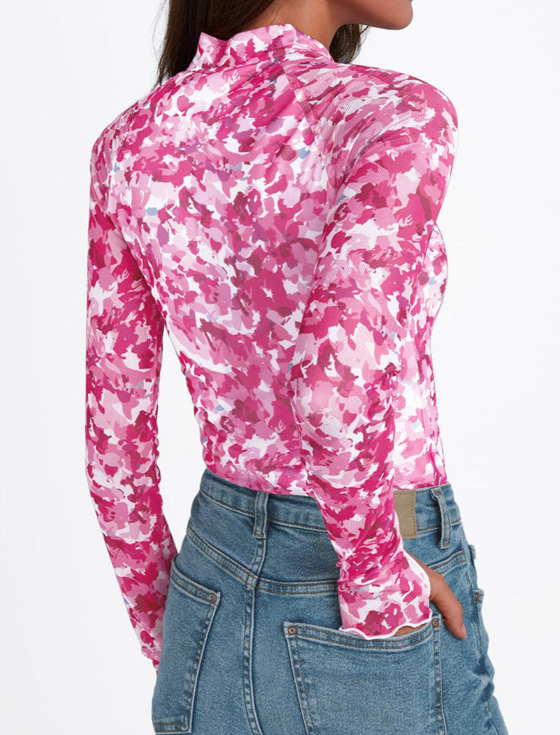 Floral Mesh Long-Sleeve Top with High Neck