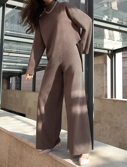 Asymmetrical Sweater and Knit Wide-leg Pants Set