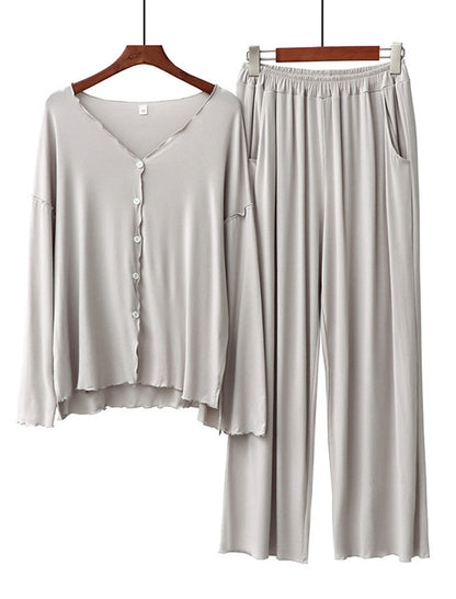 Long Sleeve Ruffle Trim Cardigan and Pants Loungewear Set