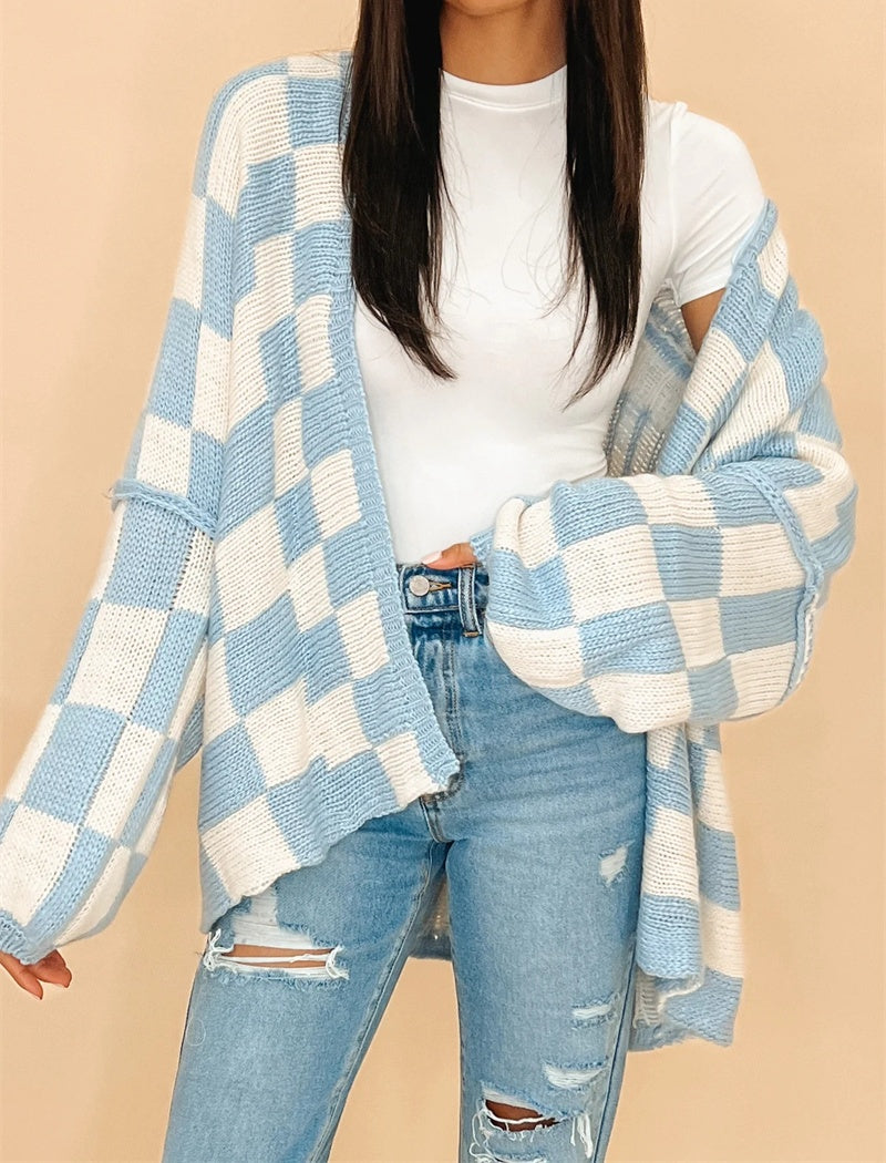 Checkered Open-Front Knit Cardigan