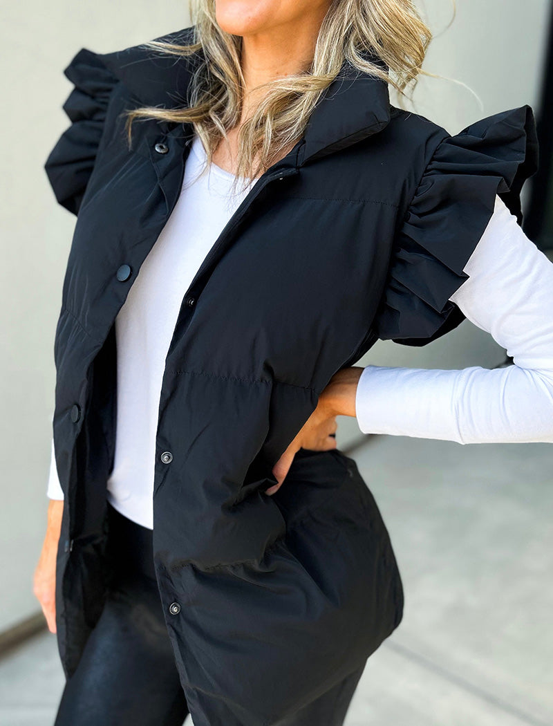 Ruffle Trim Quilted Sleeveless Vest