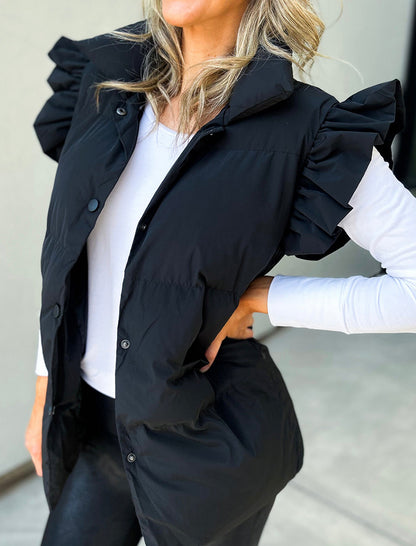 Ruffle Trim Quilted Sleeveless Vest