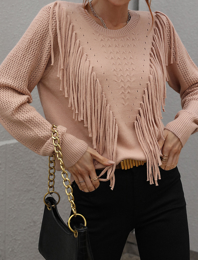 Fringe Detail Textured Knit Sweater