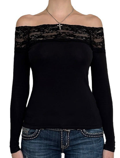 Off-Shoulder Long Sleeve Top with Lace Trim