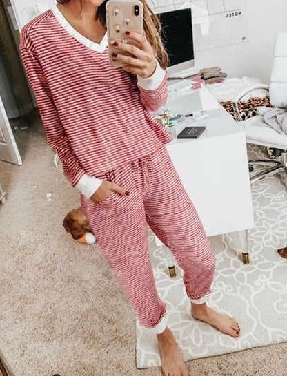 Striped Cozy Lounge Set with V-Neck