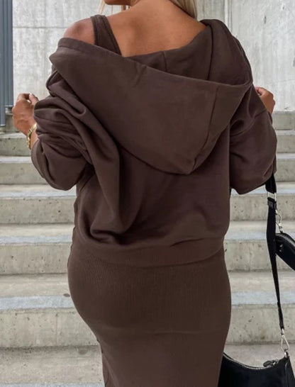 Hooded V-Neck Top and Sleeveless Midi Dress Set