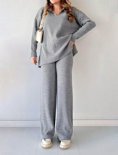 Ribbed Knit Lapel Sweater and Pants Set