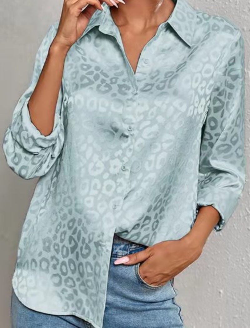 Leopard Print Satin Button-Up Top