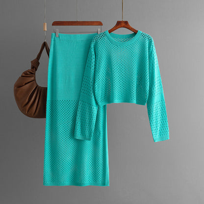 Hollow Knit Sweater and Long Skirt Set