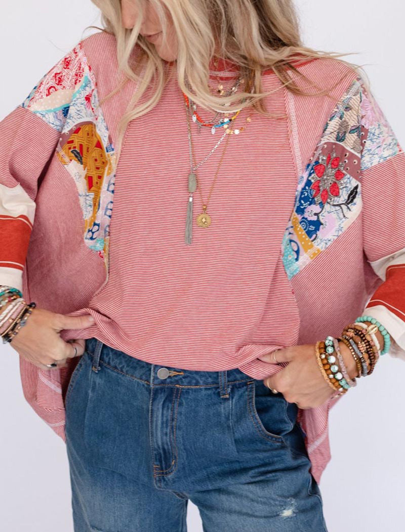 Striped Floral Panel Raglan Top