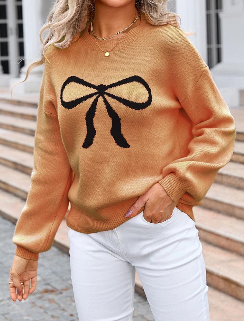 Crew Neck Sweater with Bow Graphic