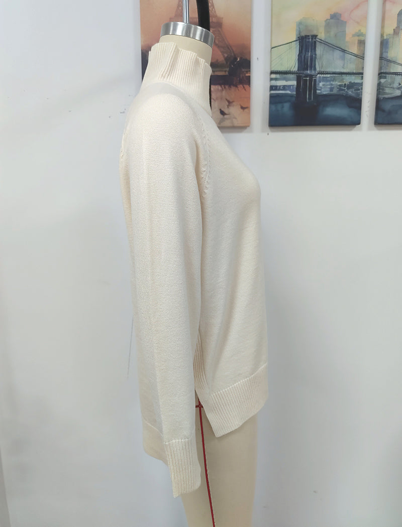 Solid High-Neck Knit Sweater with Side Slits