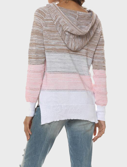 Striped V-Neck Knit Hooded Sweater