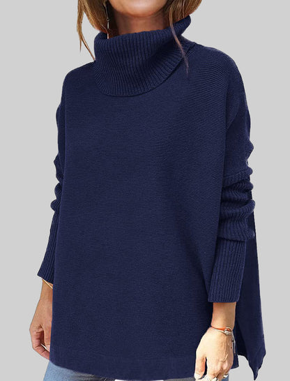 High Neck Batwing Sleeve Slit Hem Waist-Tie Sweater