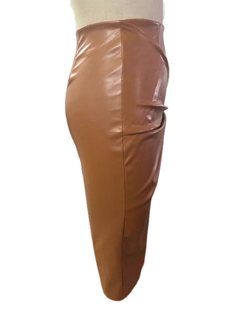 Faux Leather Wrap Midi Skirt