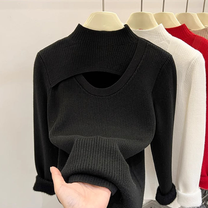 Fleece-Lined Mock Neck Cutout Sweater