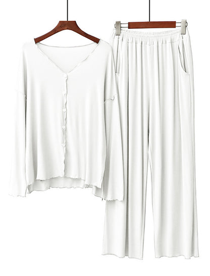 Long Sleeve Ruffle Trim Cardigan and Pants Loungewear Set