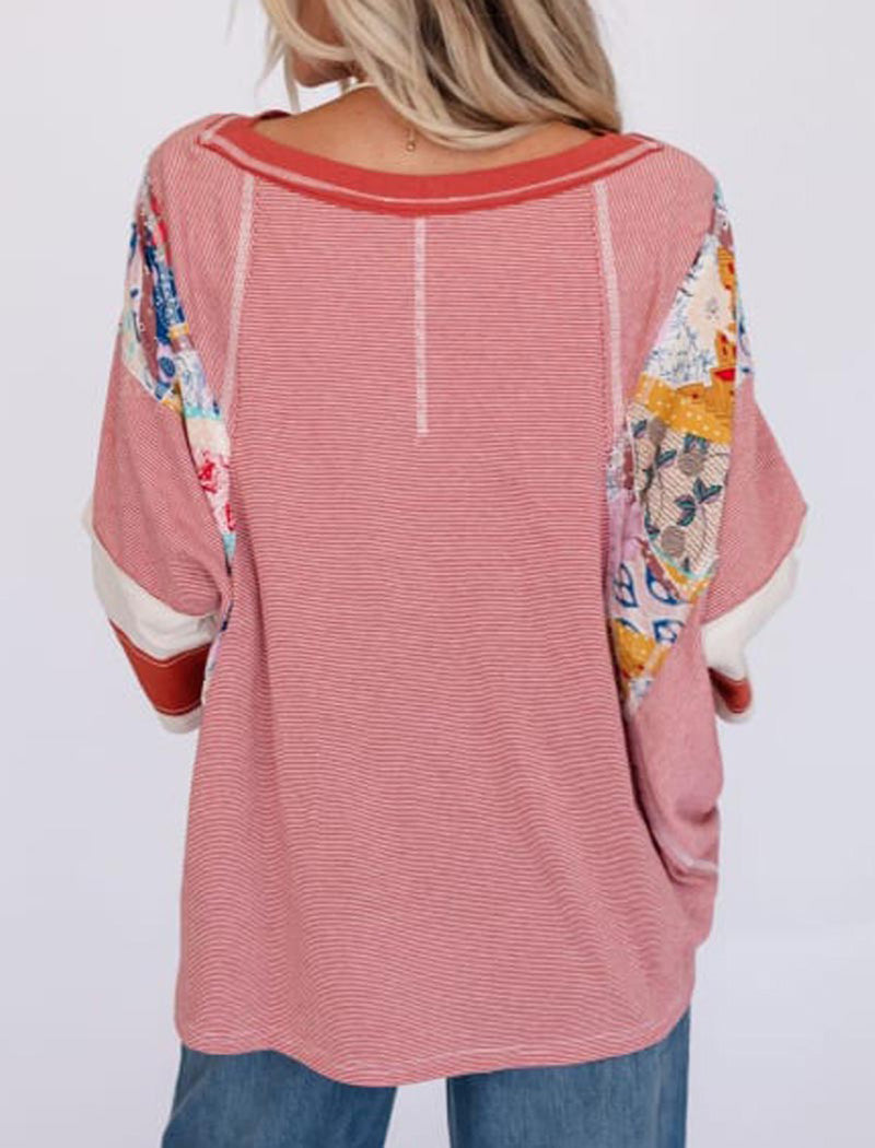 Striped Floral Panel Raglan Top