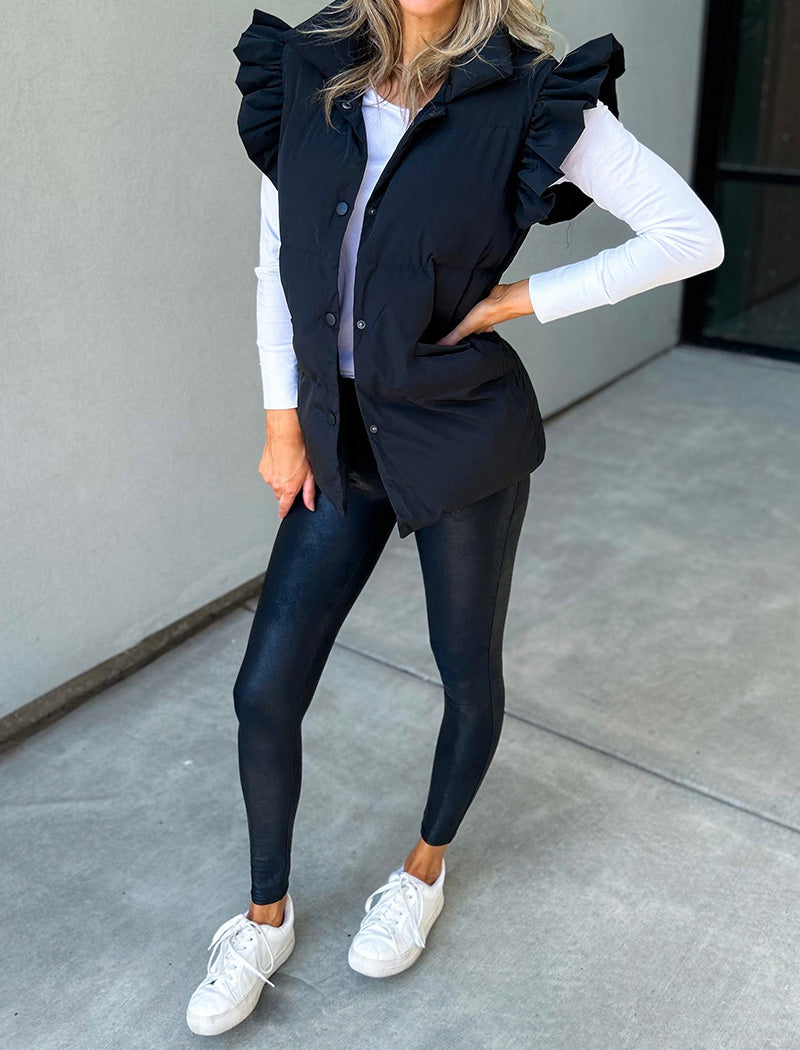 Ruffle Trim Quilted Sleeveless Vest