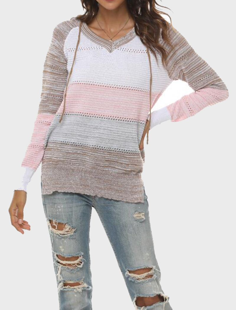 Striped V-Neck Knit Hooded Sweater