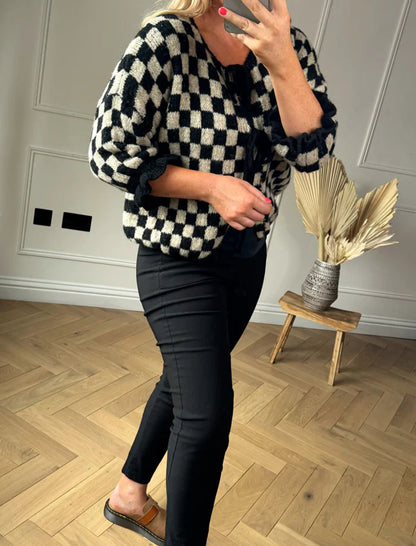 Checkered Knit Cardigan with Lace-Up Front