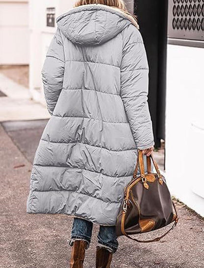 Long Hooded Puffer Coat with Quilted Design