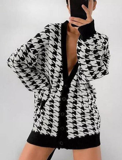 Oversized Houndstooth Button-Up Cardigan